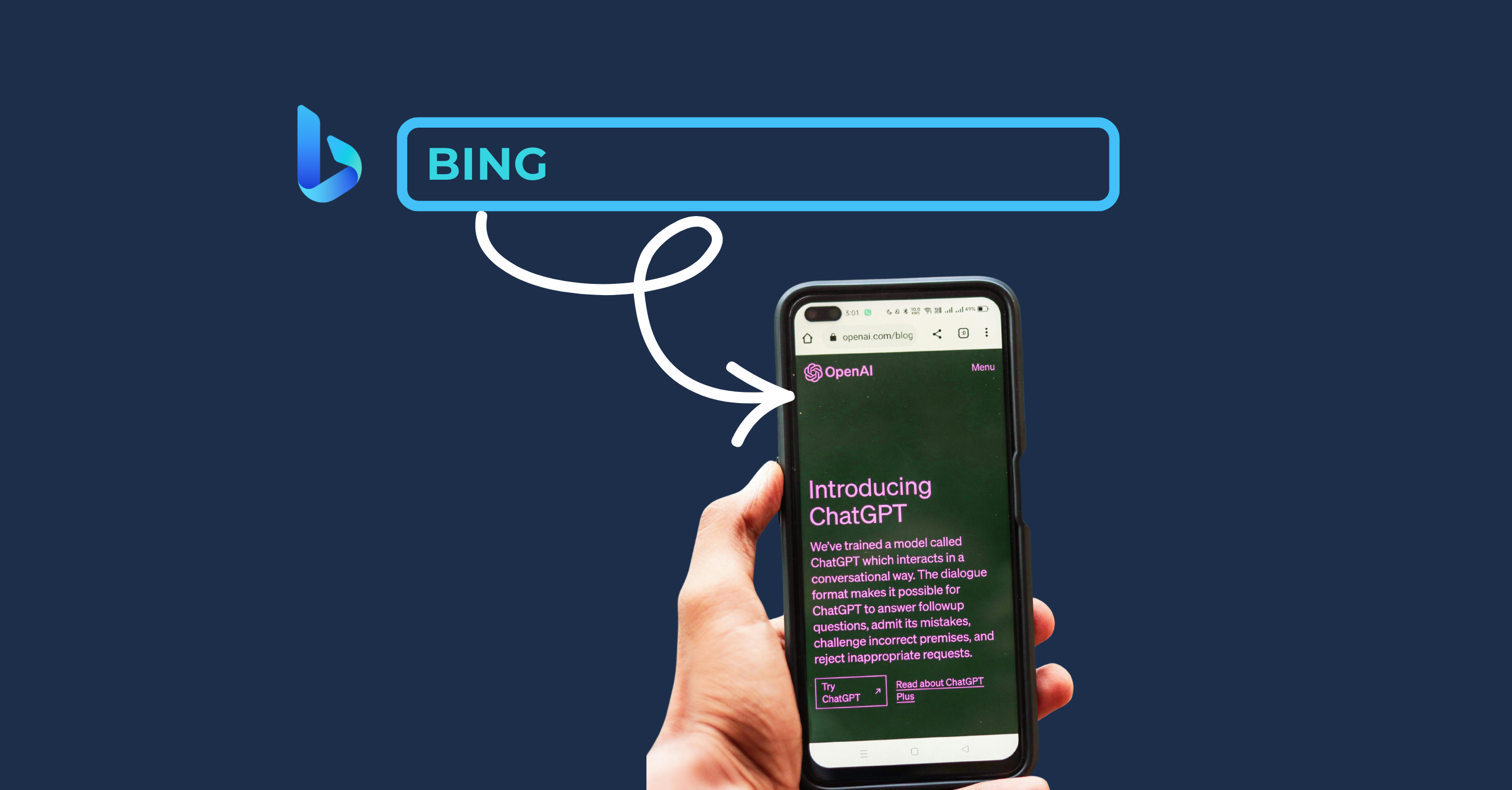 Bing Logo and search bar with an arrow showing the search driving ChatGPT results