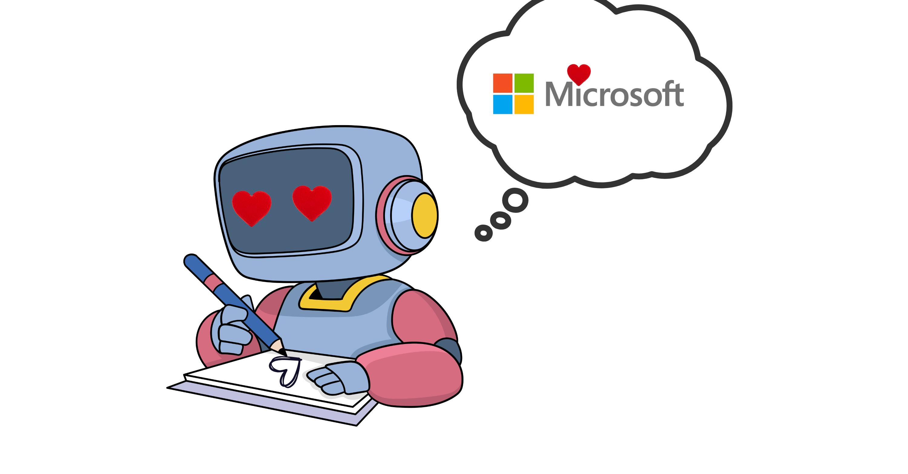 Robot with heart eyes and thought bubble with Microsoft Logo