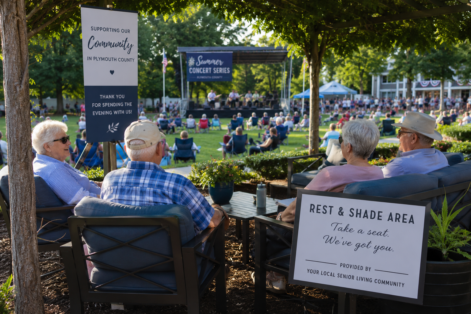 Seniors sitting down in an area sponsored by a local company at a local event